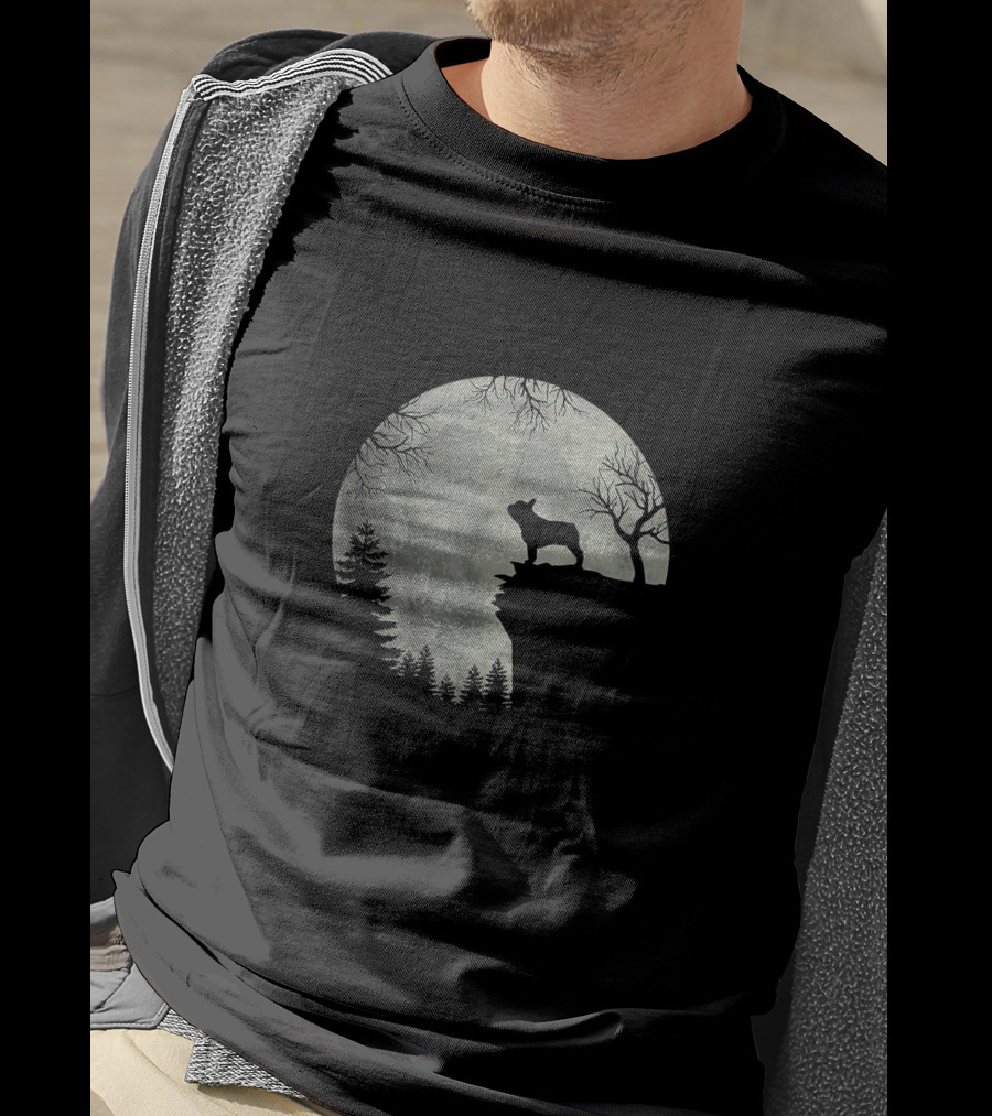 French Bulldog Silhouette Howling At Moon Halloween Scene T-Shirt