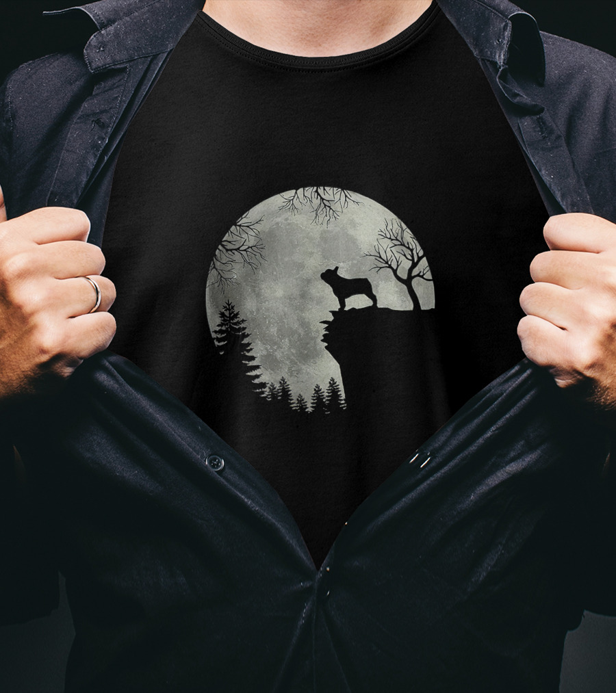 French Bulldog Silhouette Howling At Moon Halloween Scene T-Shirt