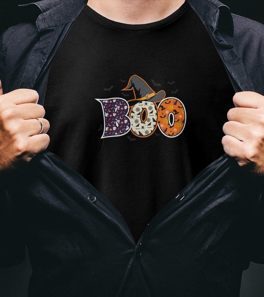 Boo Halloween Witch Hat Bat Horror Scary Hallowen Premium T-Shirt