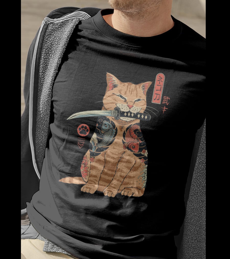 Catana Classique Samurai Cat Kanji Tattoo Koi Fish Katana T-Shirt