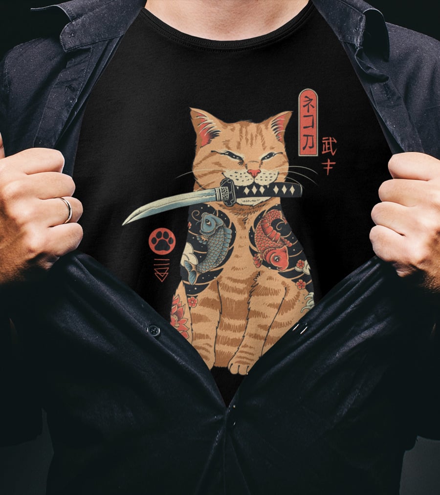 Catana Classique Samurai Cat Kanji Tattoo Koi Fish Katana T-Shirt
