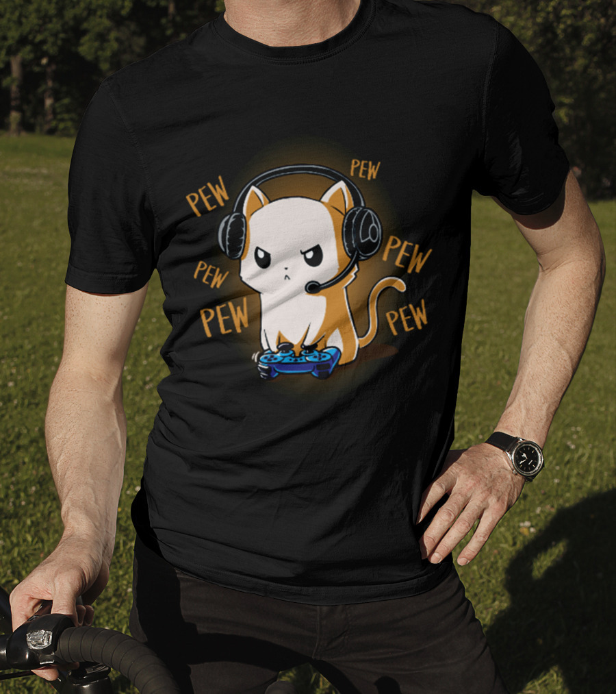 Pew Pew Kitty Cat Gamer Kliban Cats Headset Controller T-Shirt