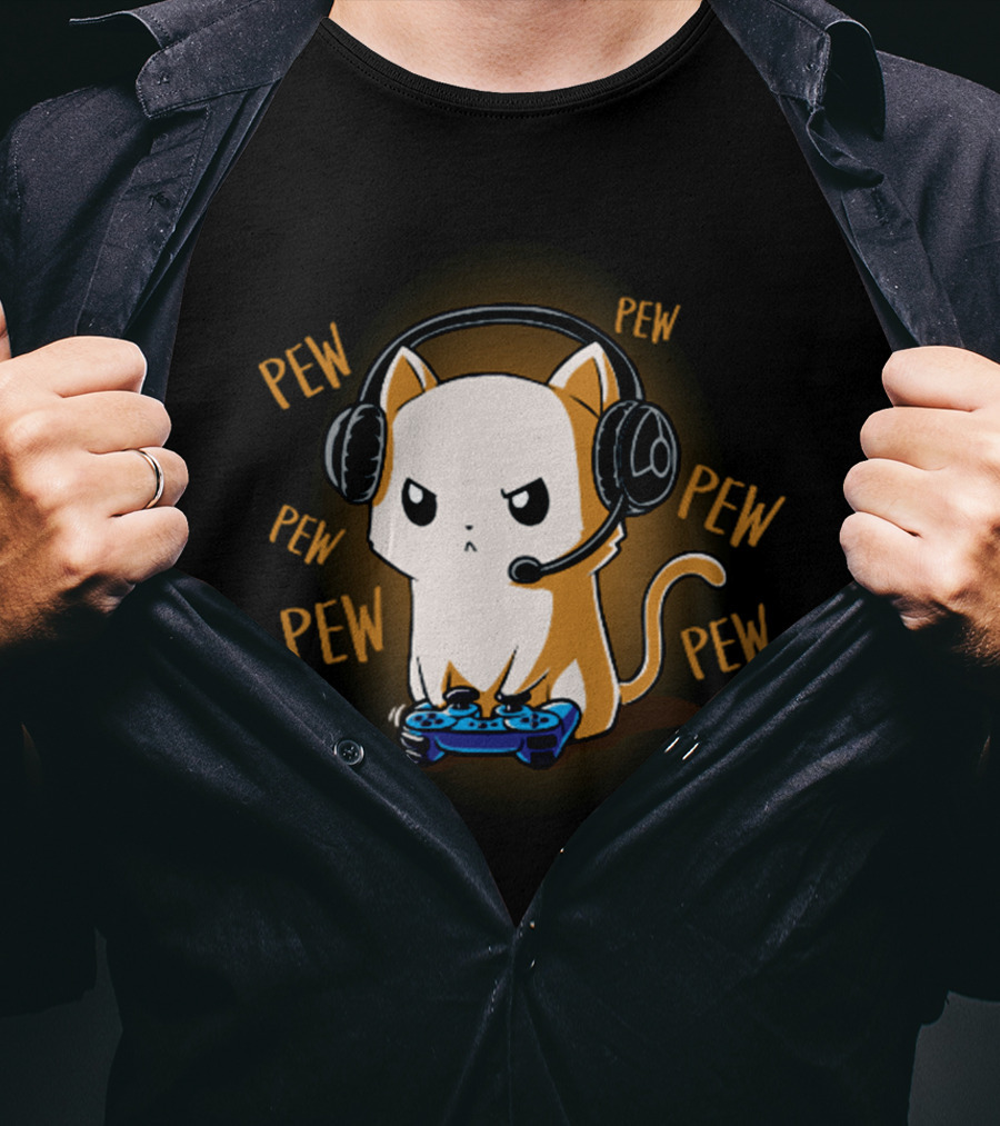 Pew Pew Kitty Cat Gamer Kliban Cats Headset Controller T-Shirt