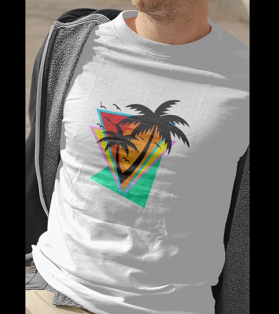 The Sea And You Tropical Palm Sunset With Geometric Triangles And Birds T-Shirt