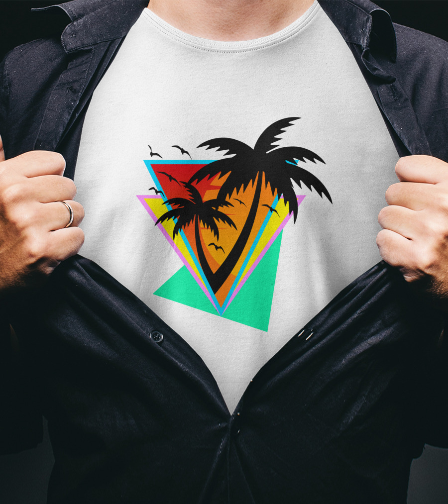 The Sea And You Tropical Palm Sunset With Geometric Triangles And Birds T-Shirt
