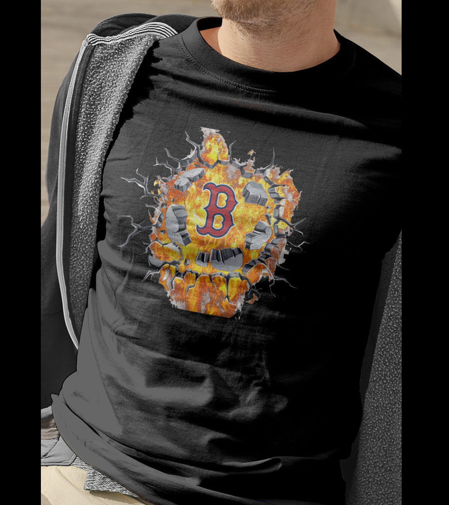Boston Red Sox B Logo With Cracking Fiery Explosion T-Shirt