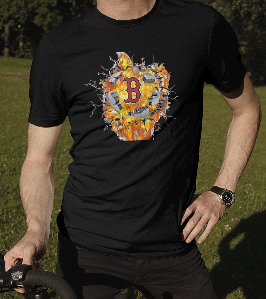 Boston Red Sox B Logo With Cracking Fiery Explosion T-Shirt
