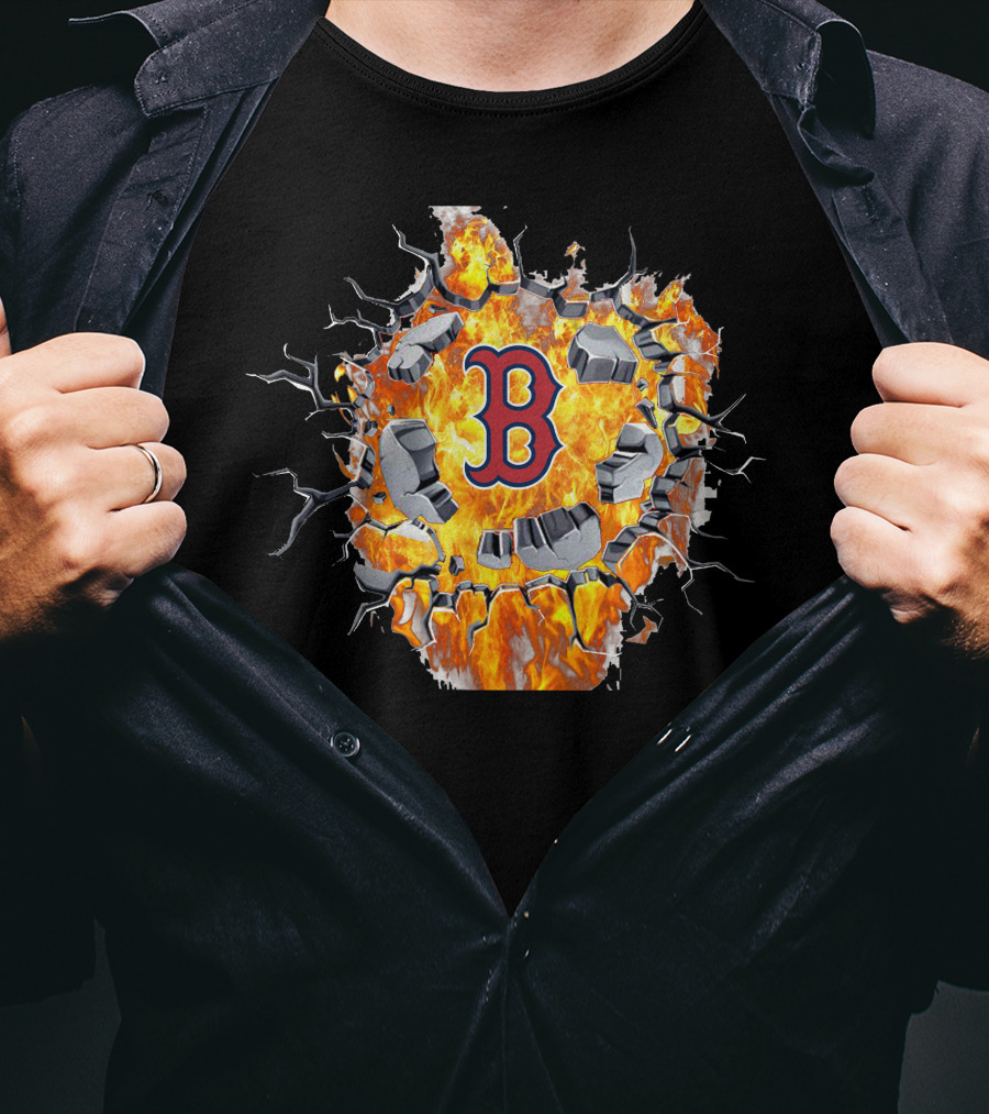 Boston Red Sox B Logo With Cracking Fiery Explosion T-Shirt