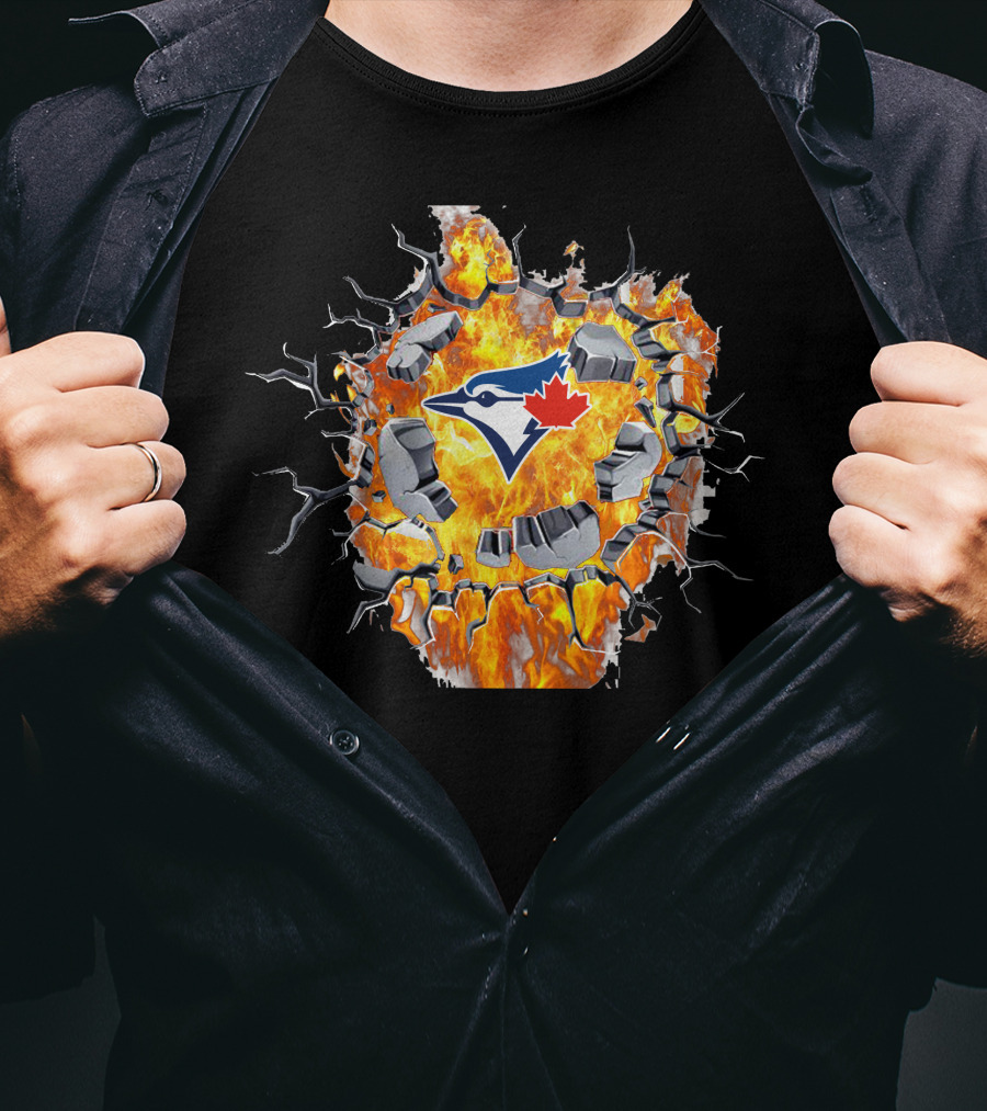 Toronto Blue Jays Logo Shattering Through Flames And Cracking Wall T-Shirt