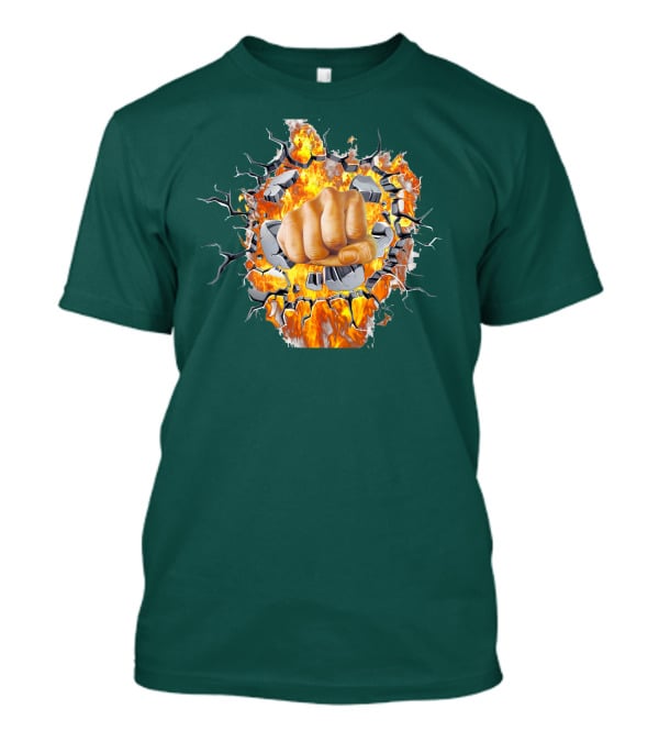 Steel Hands Fist Breaking Through Fiery Wall T-Shirt