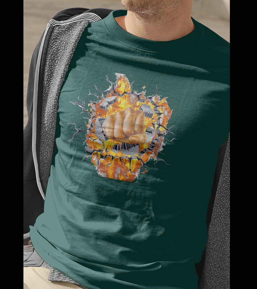 Steel Hands Fist Breaking Through Fiery Wall T-Shirt