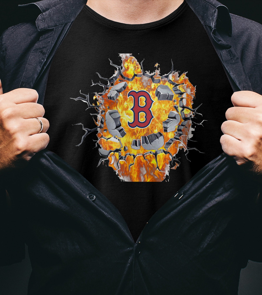 Boston Red Sox Fiery Letter B Cracked Wall Flame T-Shirt