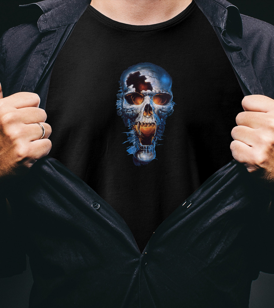 Skull Halloween Blue Metallic Fiery Eyes T-Shirt
