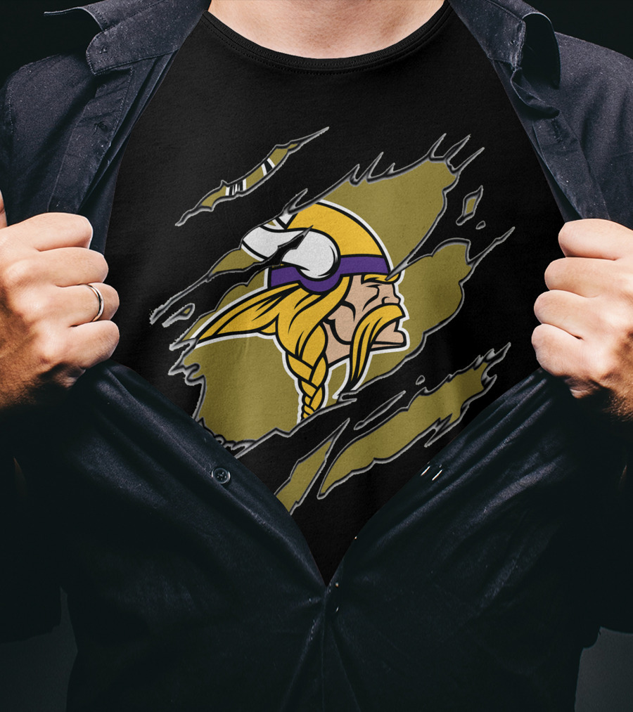 Minnesota Vikings Helmet And Warrior Tear Effect T-Shirt