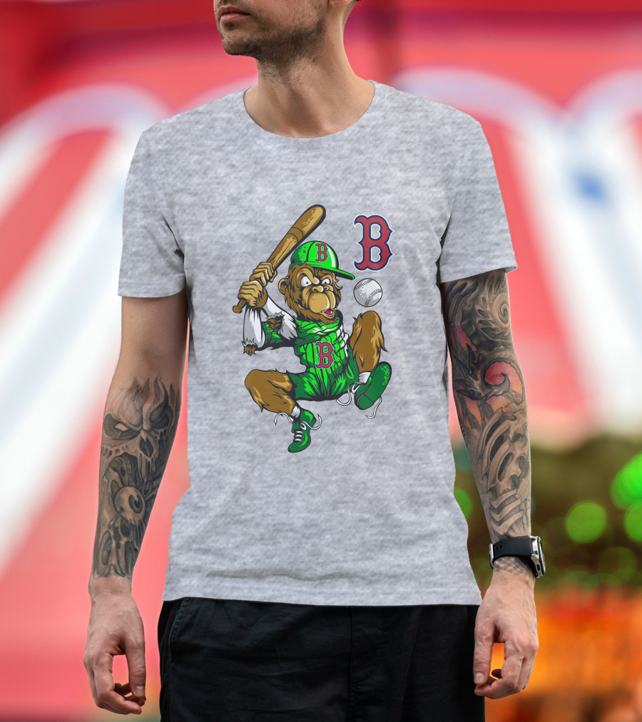 Boston Red Sox B Logo Cartoon Baseball Player With Bat And Uniform T-Shirt
