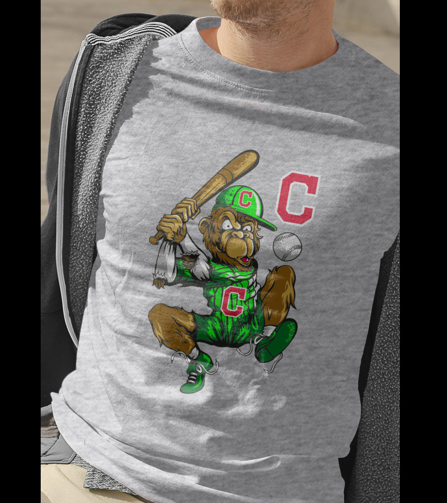 Cleveland Indians Home Run C Logo Green Jersey Baseball Bat Mascot T-Shirt