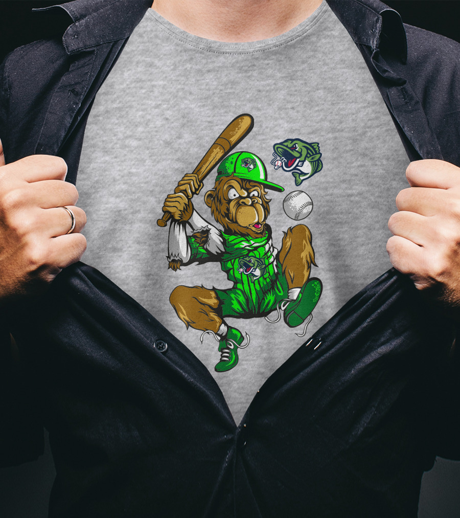 Gwinnett Stripers Baseball Bear Mascot Swinging Bat With Fish T-Shirt