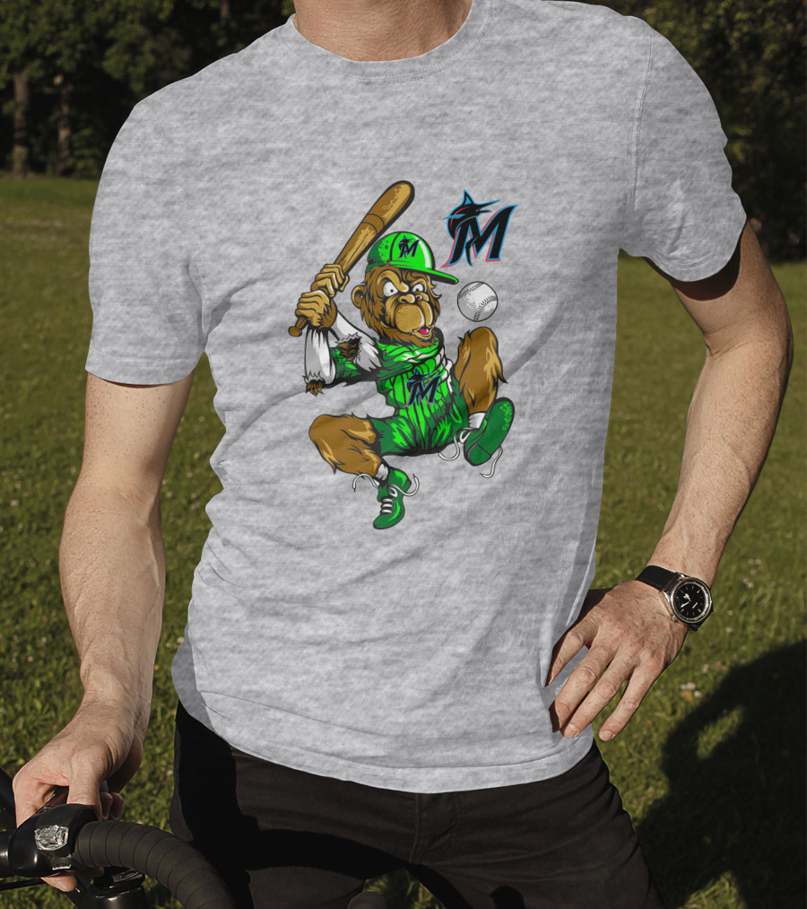Miami Marlins Monkey Mascot Swinging At Baseball T-Shirt