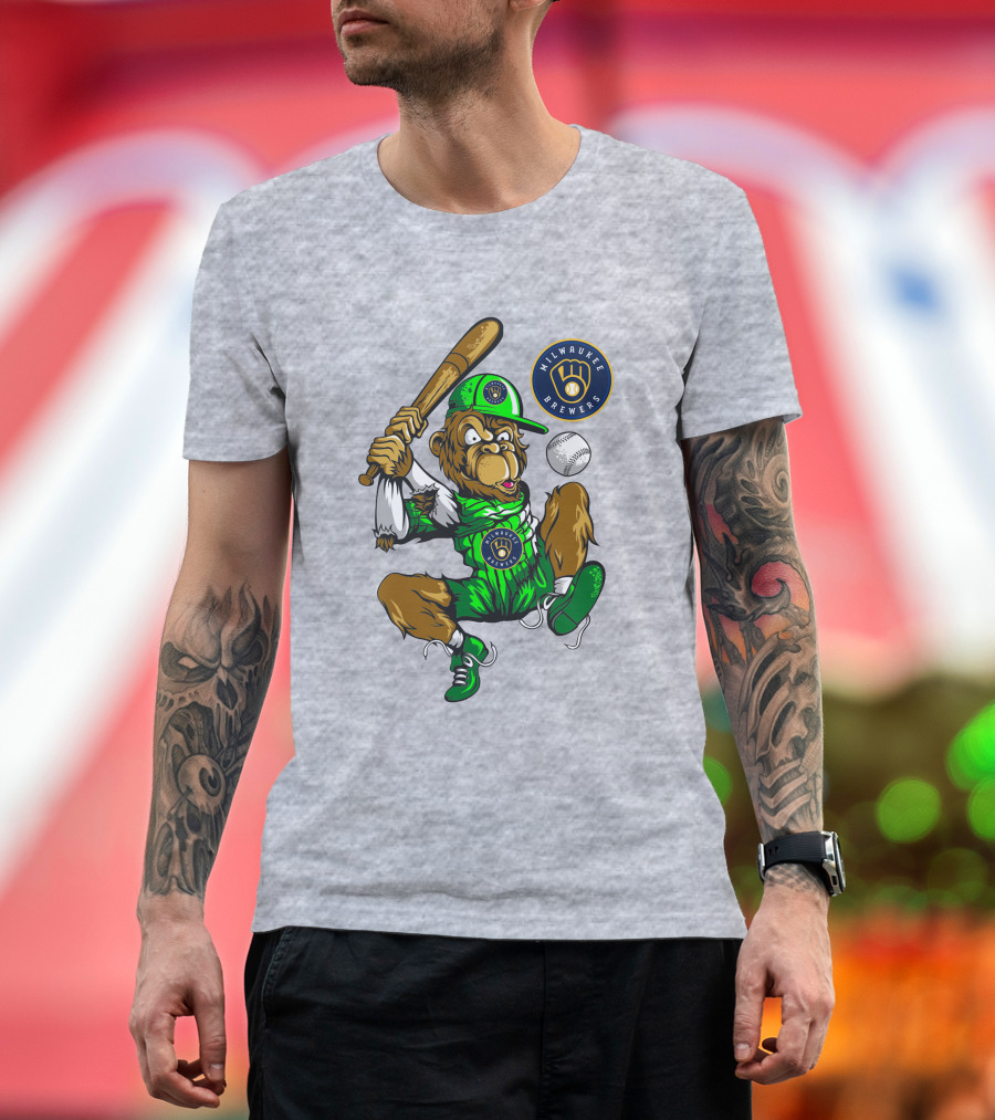 Milwaukee Brewers Baseball Mascot Swinging Bat In Green Uniform T-Shirt