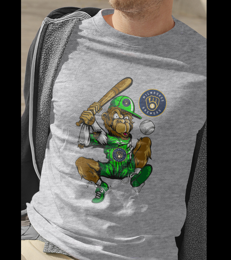 Milwaukee Brewers Baseball Mascot Swinging Bat In Green Uniform T-Shirt