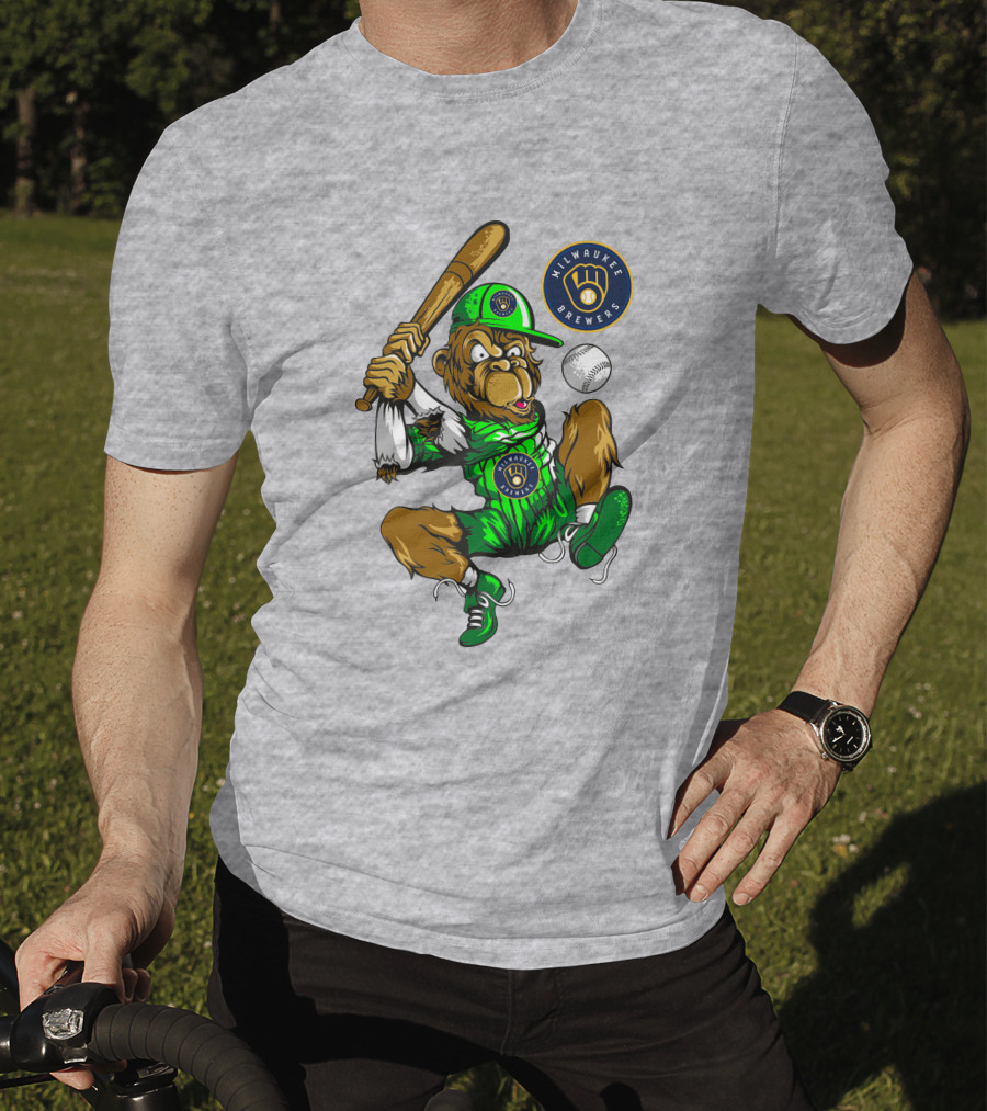 Milwaukee Brewers Baseball Mascot Swinging Bat In Green Uniform T-Shirt