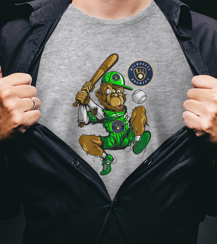 Milwaukee Brewers Baseball Mascot Swinging Bat In Green Uniform T-Shirt