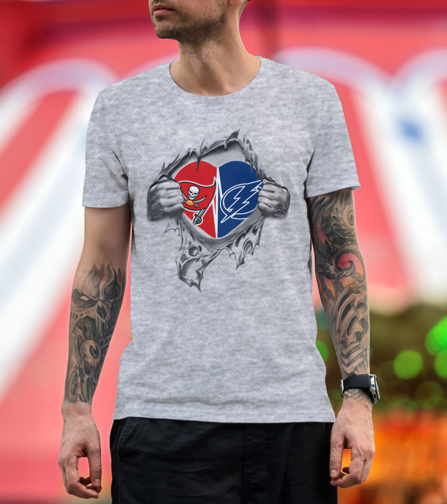 Tampa Bay Buccaneers Lightning Heart Logos Hidden In Chest T-Shirt