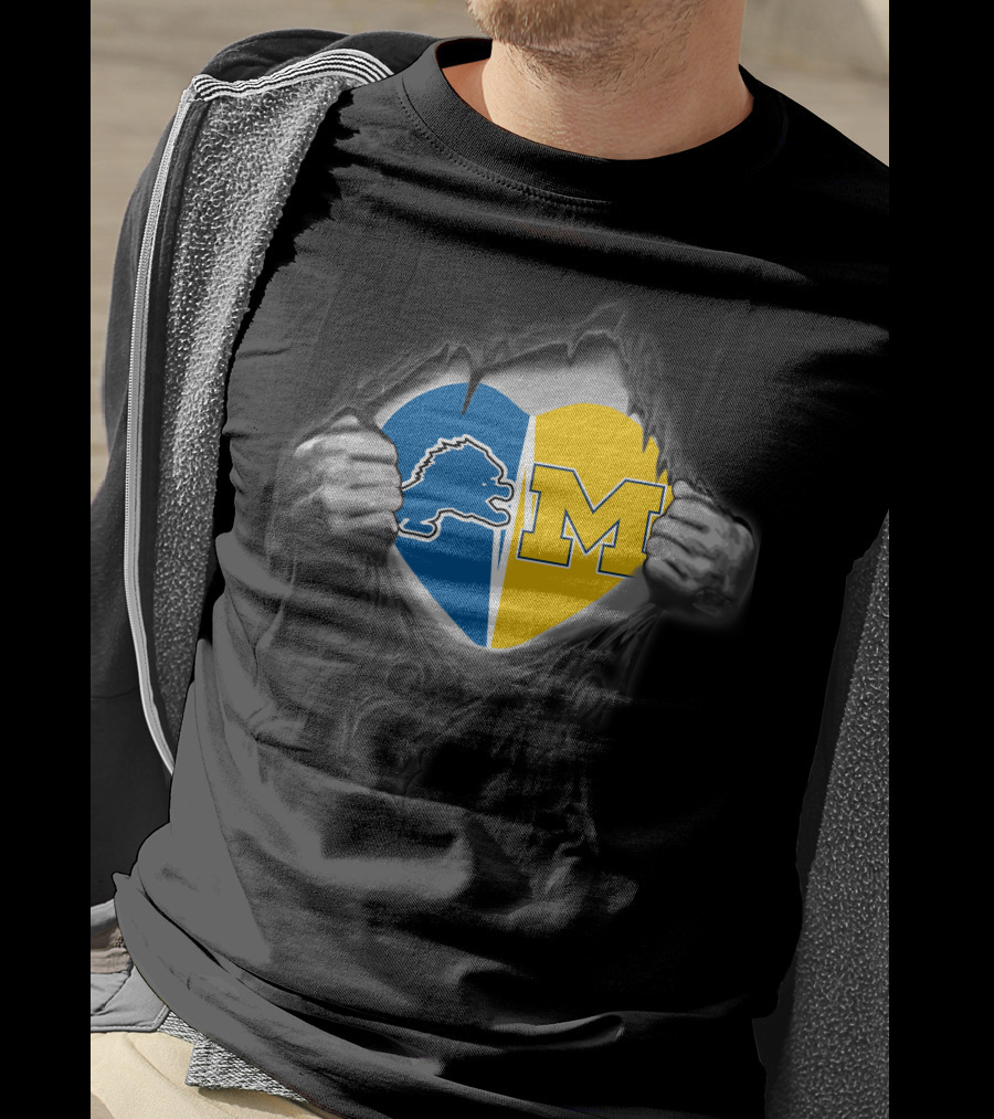 Detroit Lions Michigan Wolverine Heart Fusion T-Shirt
