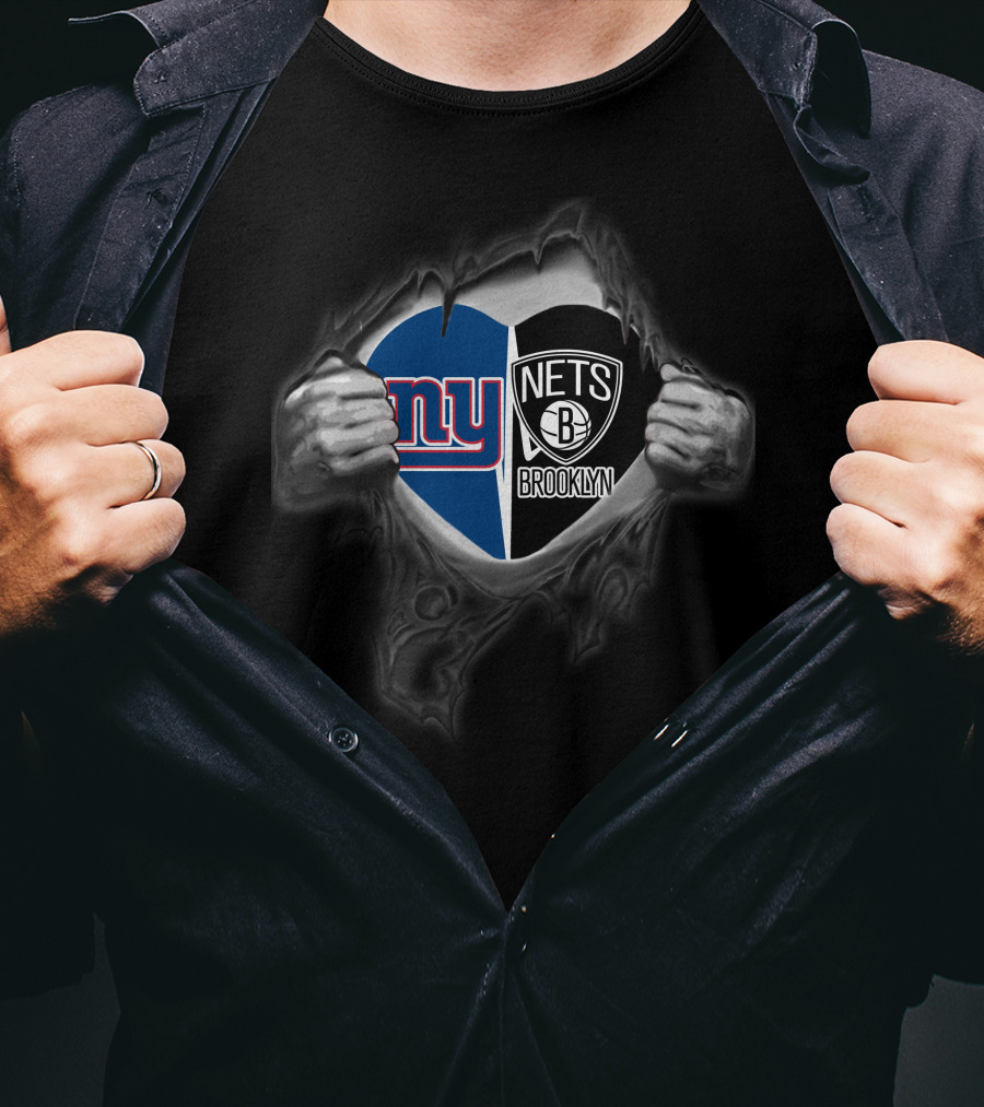 New York Giants Brooklyn Nets Heart Symbol Logo Fusion T-Shirt