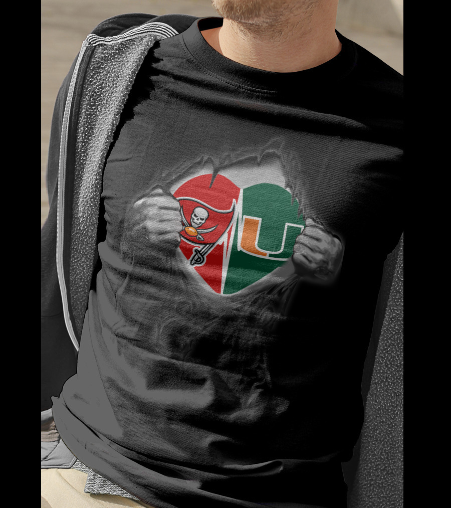 Tampa Bay Buccaneers Miami Hurricanes Heart Torn T-Shirt