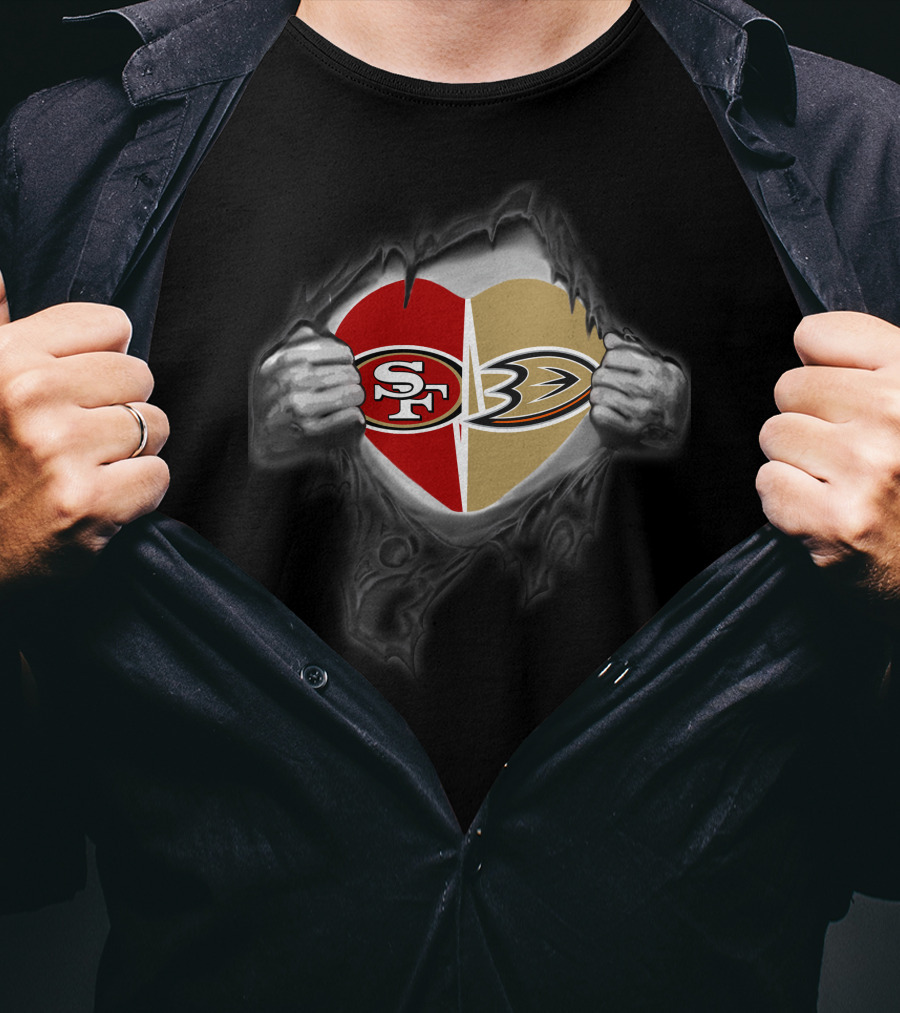Sf 49ers Anaheim Ducks Heart With Ripped Hands T-Shirt