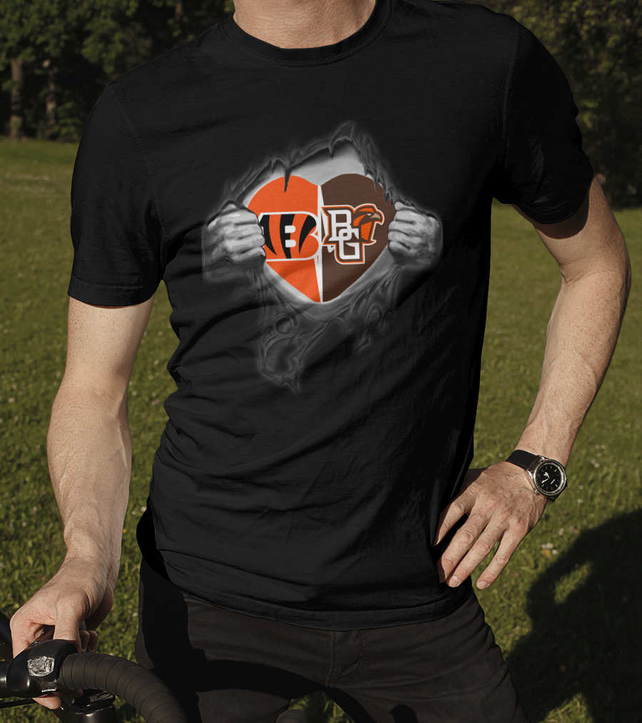 Bengals Bowling Green Falcons Heart Split Logos United T-Shirt