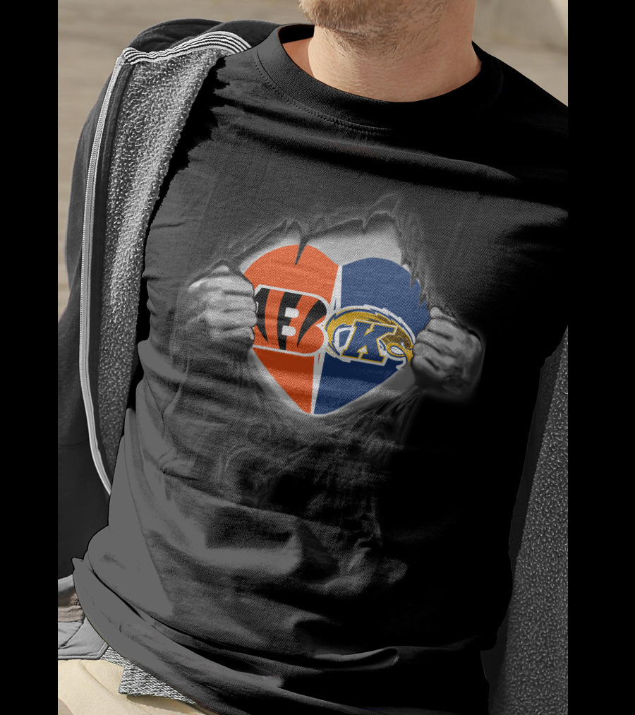 Bengals Kent State Golden Flashes Heartful Allegiance Dual Logo Heart T-Shirt