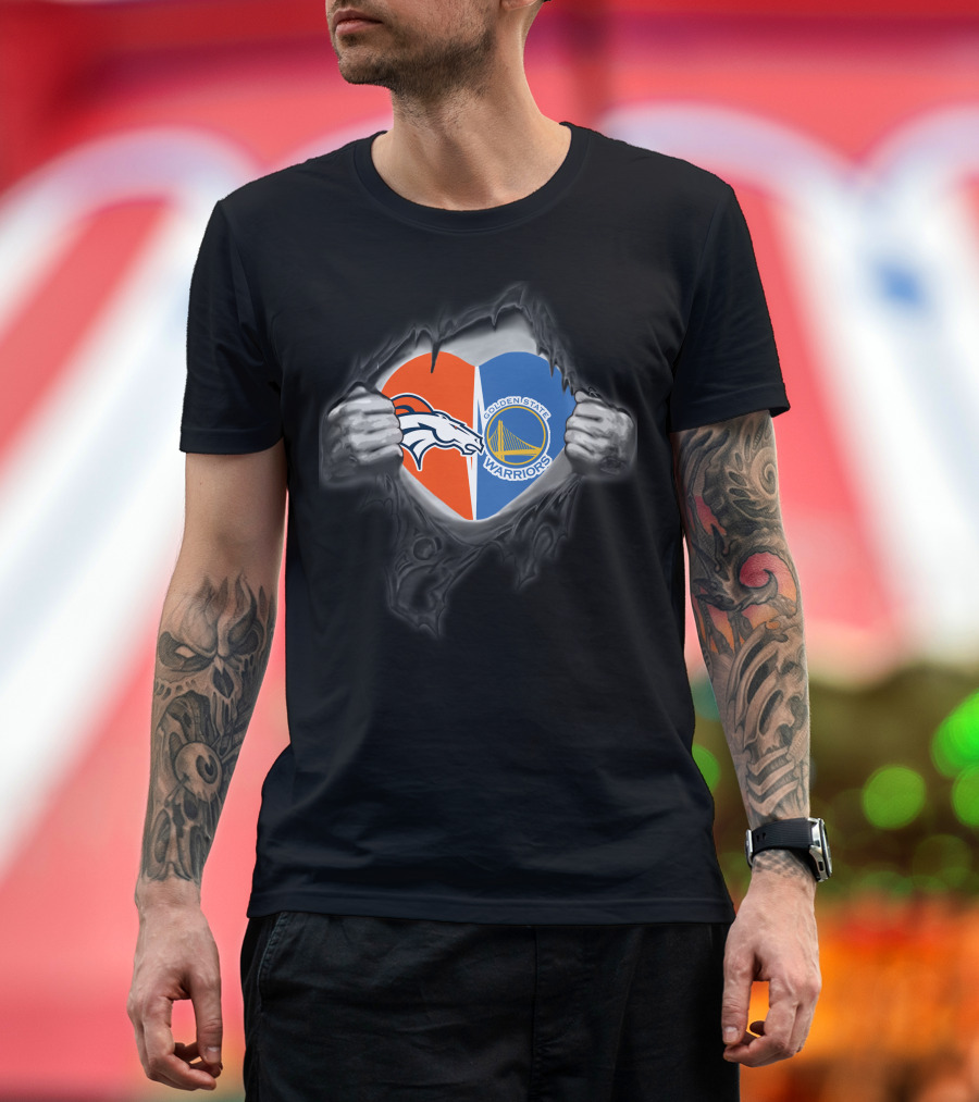 Broncos Warriors Heart With Denver Broncos And Golden State Warriors T-Shirt