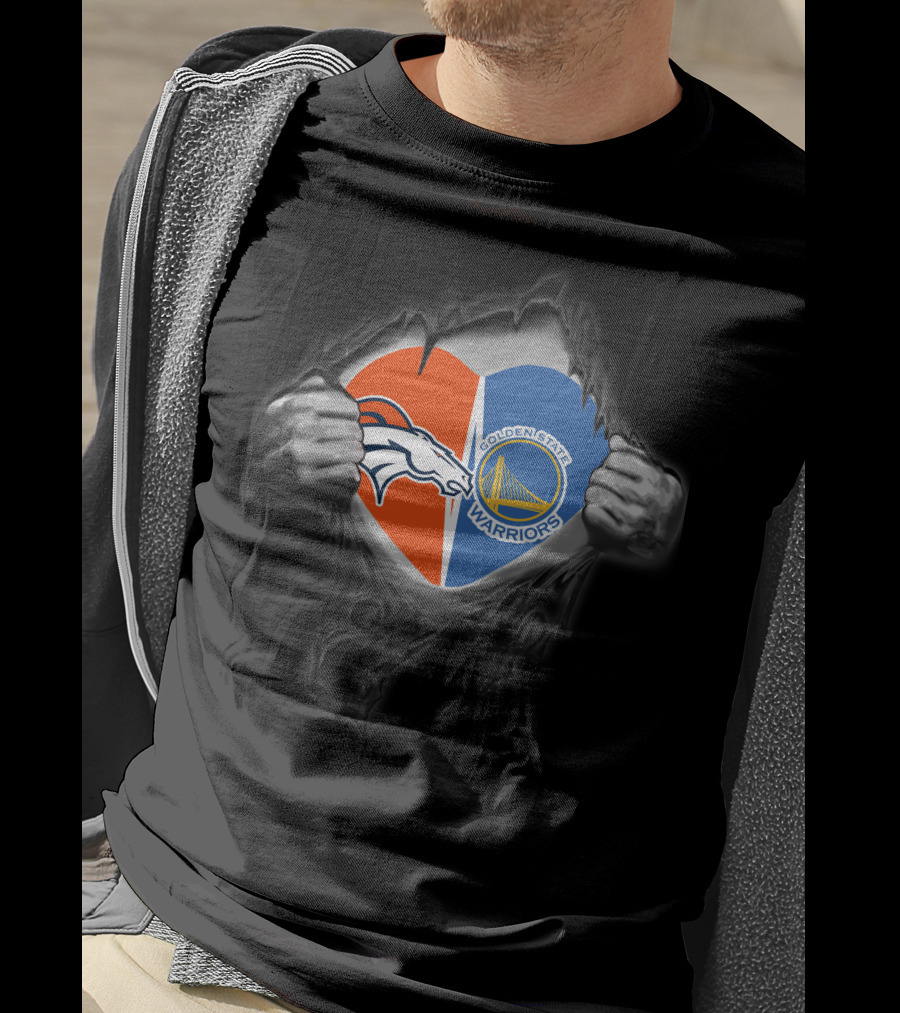 Broncos Warriors Heart With Denver Broncos And Golden State Warriors T-Shirt