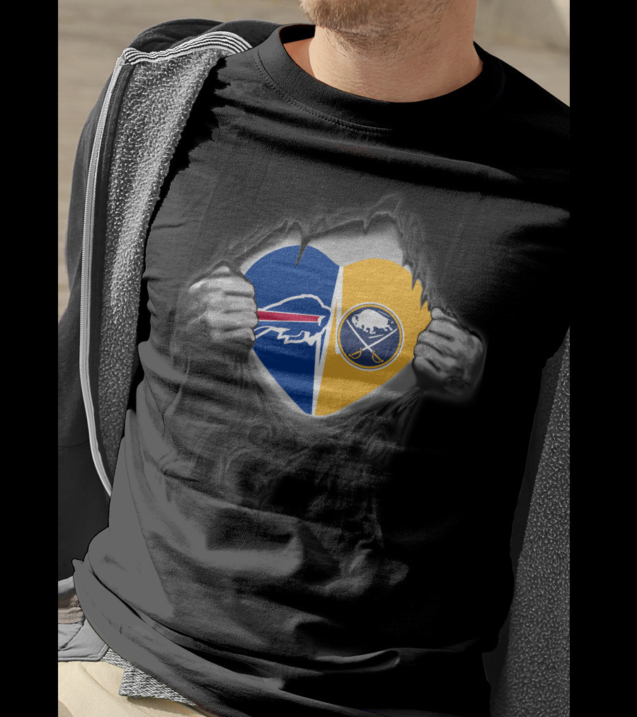 Buffalo Bills Sabres Dual Heart Symbol With Team Logos T-Shirt