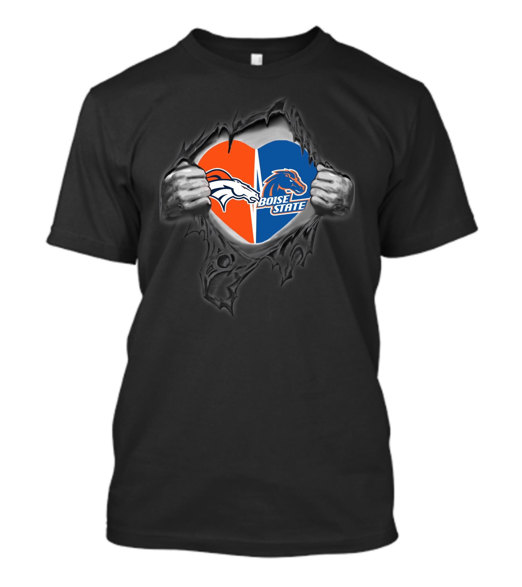 Denver Broncos Boise State Heart Split Logos Torn Chest T-Shirt