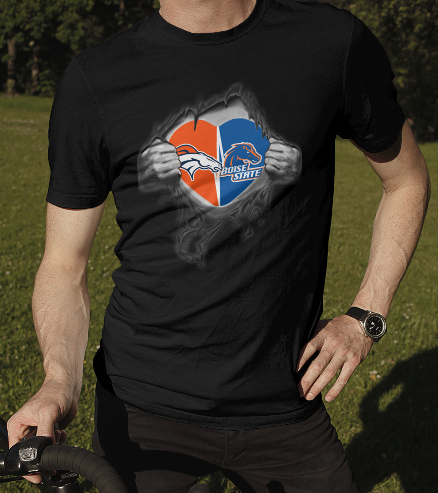 Denver Broncos Boise State Heart Split Logos Torn Chest T-Shirt
