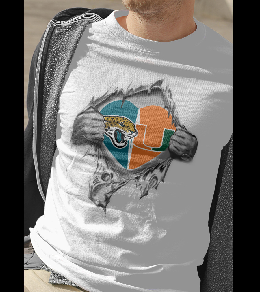 Jaguars Miami Hurricanes Heart Symbol Ripping T-Shirt
