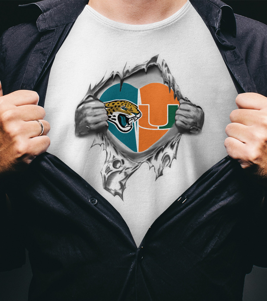 Jaguars Miami Hurricanes Heart Symbol Ripping T-Shirt