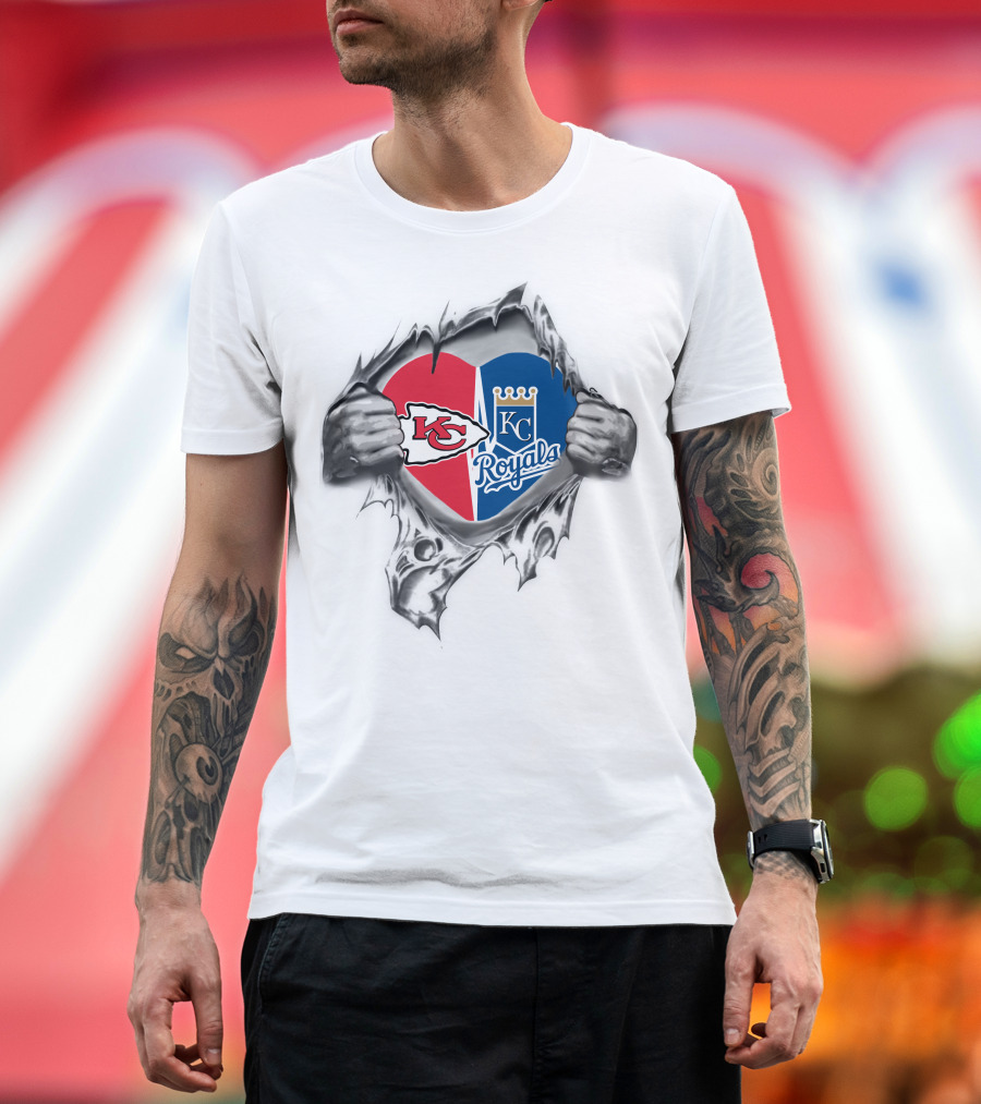 Kansas City Chiefs Royals It's In My Heart Logo Heart Split Chiefs and Royals T-Shirt