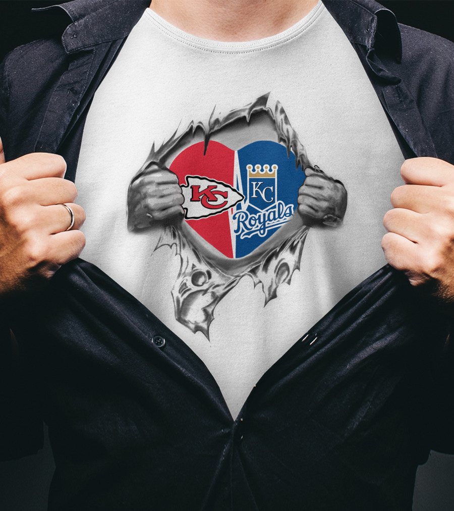 Kansas City Chiefs Royals It's In My Heart Logo Heart Split Chiefs And Royals T-Shirt