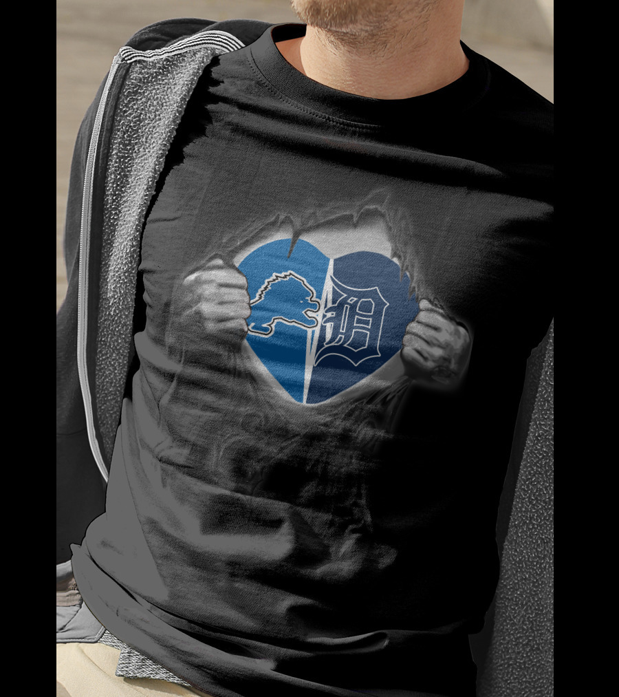 Lions Tigers Heart Logo Design Showcasing Detroit Teams Passion T-Shirt