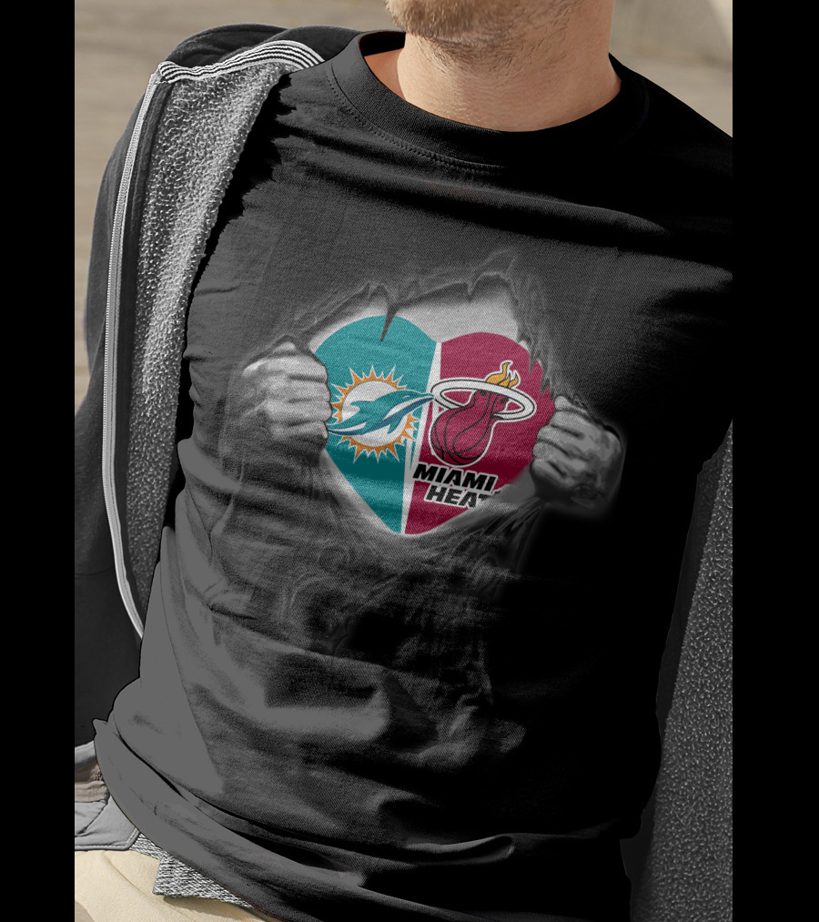 Miami Dolphins Miami Heat Heart Logo Fusion T-Shirt