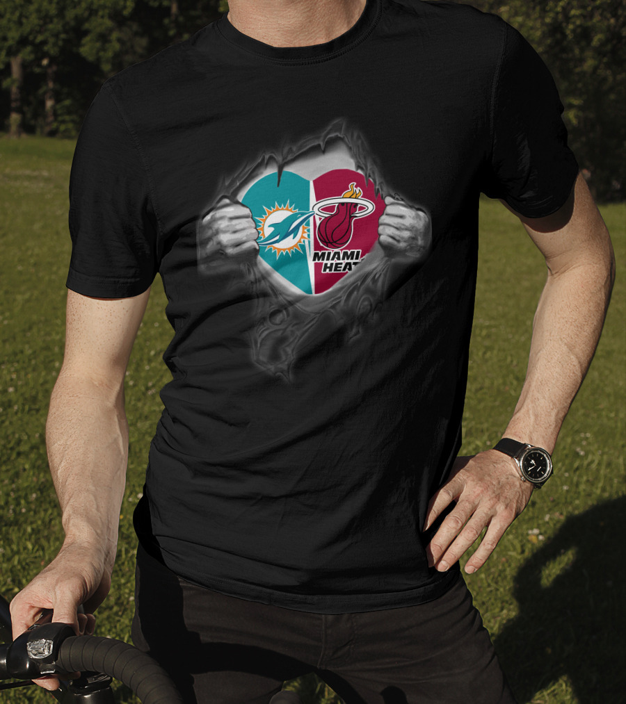Miami Dolphins Miami Heat Heart Logo Fusion T-Shirt
