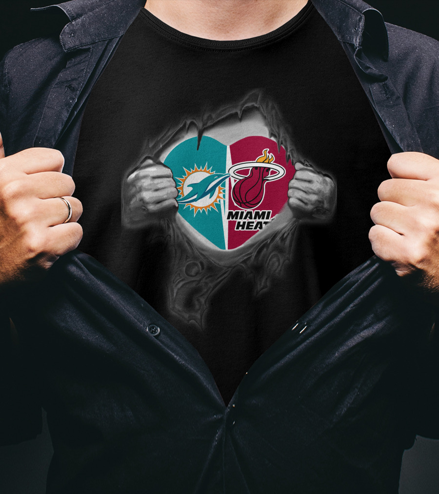 Miami Dolphins Miami Heat Heart Logo Fusion T-Shirt