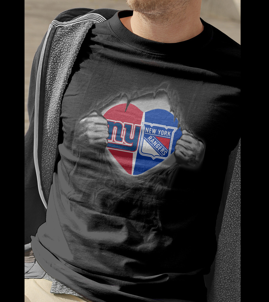New York Giants Ny And New York Rangers Heart Torn Fabric T-Shirt