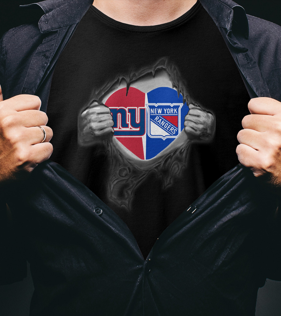 New York Giants Ny And New York Rangers Heart Torn Fabric T-Shirt