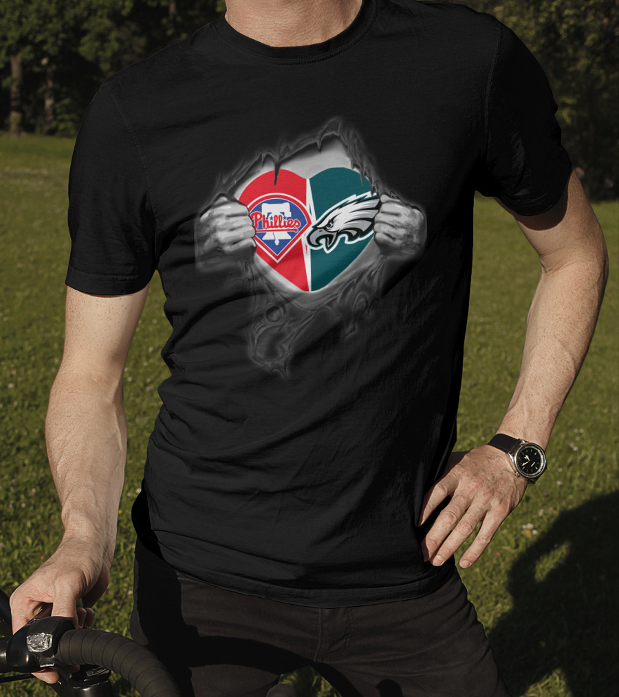 Philadelphia Eagles Phillies Heart Logo Inside Torn Fabric T-Shirt