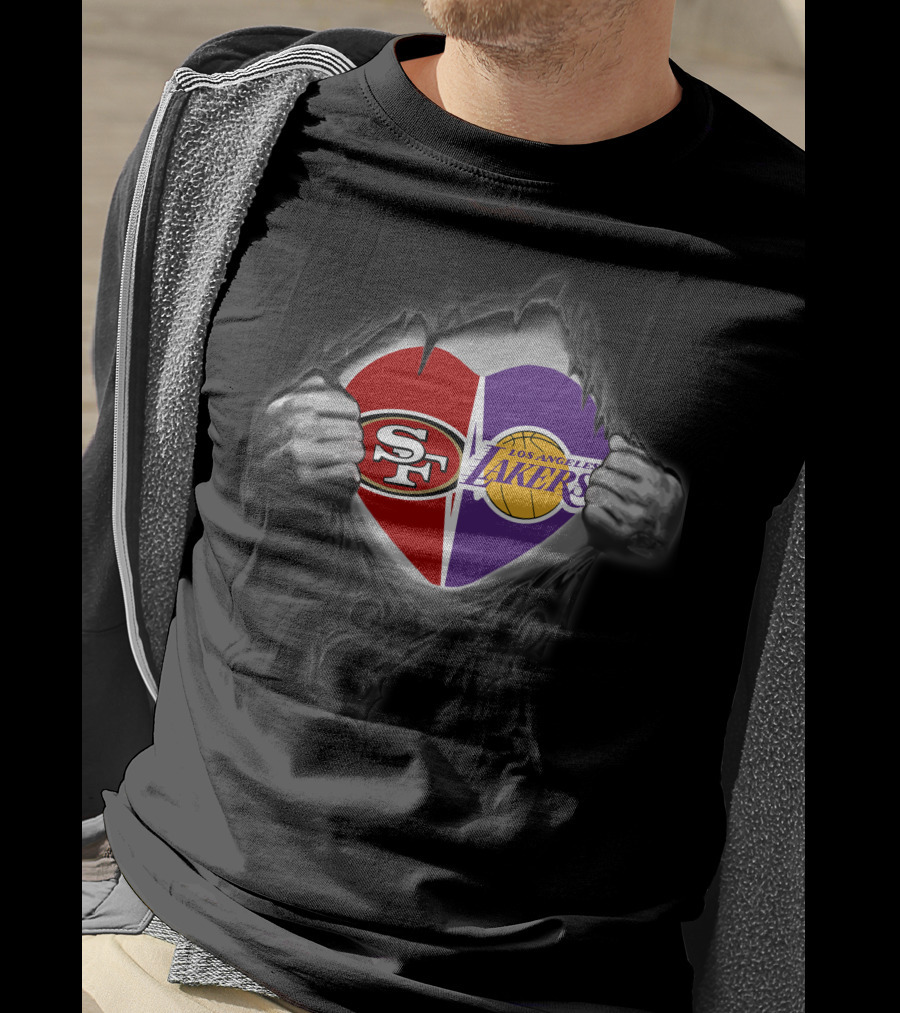 Sf 49ers La Lakers Heart Holding Logos T-Shirt